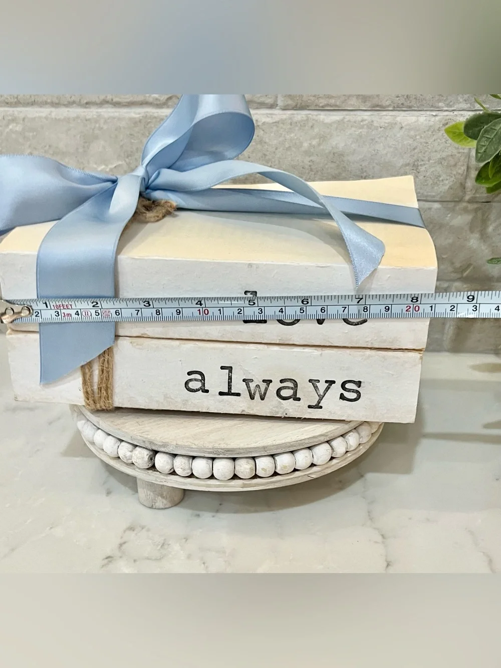 White Decorative real Book Stack with Light Blue Ribbon - Love Always